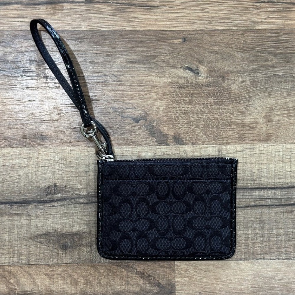 Coach Black Signature Jacquard ID Skinny Mini Wallet Wristlet Card Case